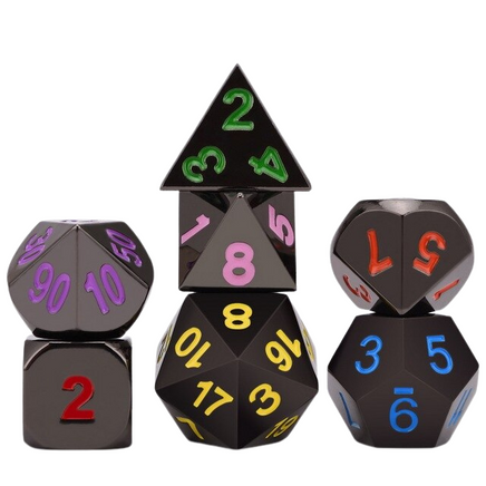 7pc Metal Black & Multi Colour Dice - Campaign Supplies