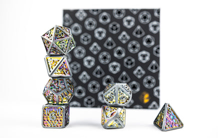 Draco Metal RPG Dice Set: Bright Rainbow / Silver - Campaign Supplies