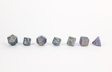 Draco Metal RPG Dice Set: Bright Rainbow / Silver - Campaign Supplies