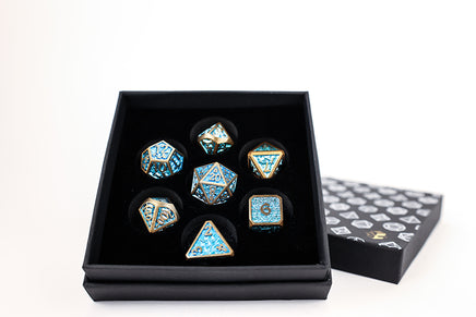 Draco Metal RPG Dice Set: Bright Blue / Brass - Campaign Supplies