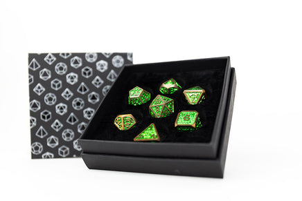 Draco Metal RPG Dice Set: Bright Green / Brass - Campaign Supplies