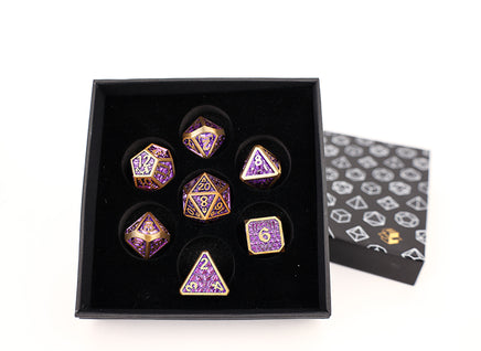 Draco Metal RPG Dice Set: Bright Purple / Brass - Campaign Supplies